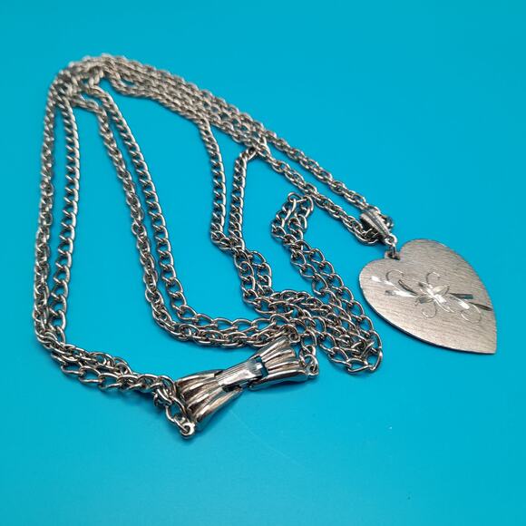 Vintage Heart Layered Long Necklace, Etched Pendant, Silver Tone, 25" - Picture 9 of 9